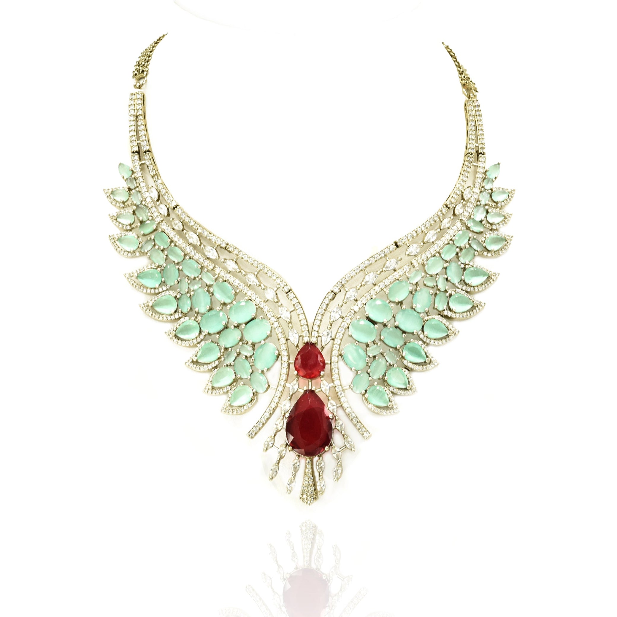 Mirraya Mint Green & Ruby American Diamond Wing Statement Necklace Set - The pashm