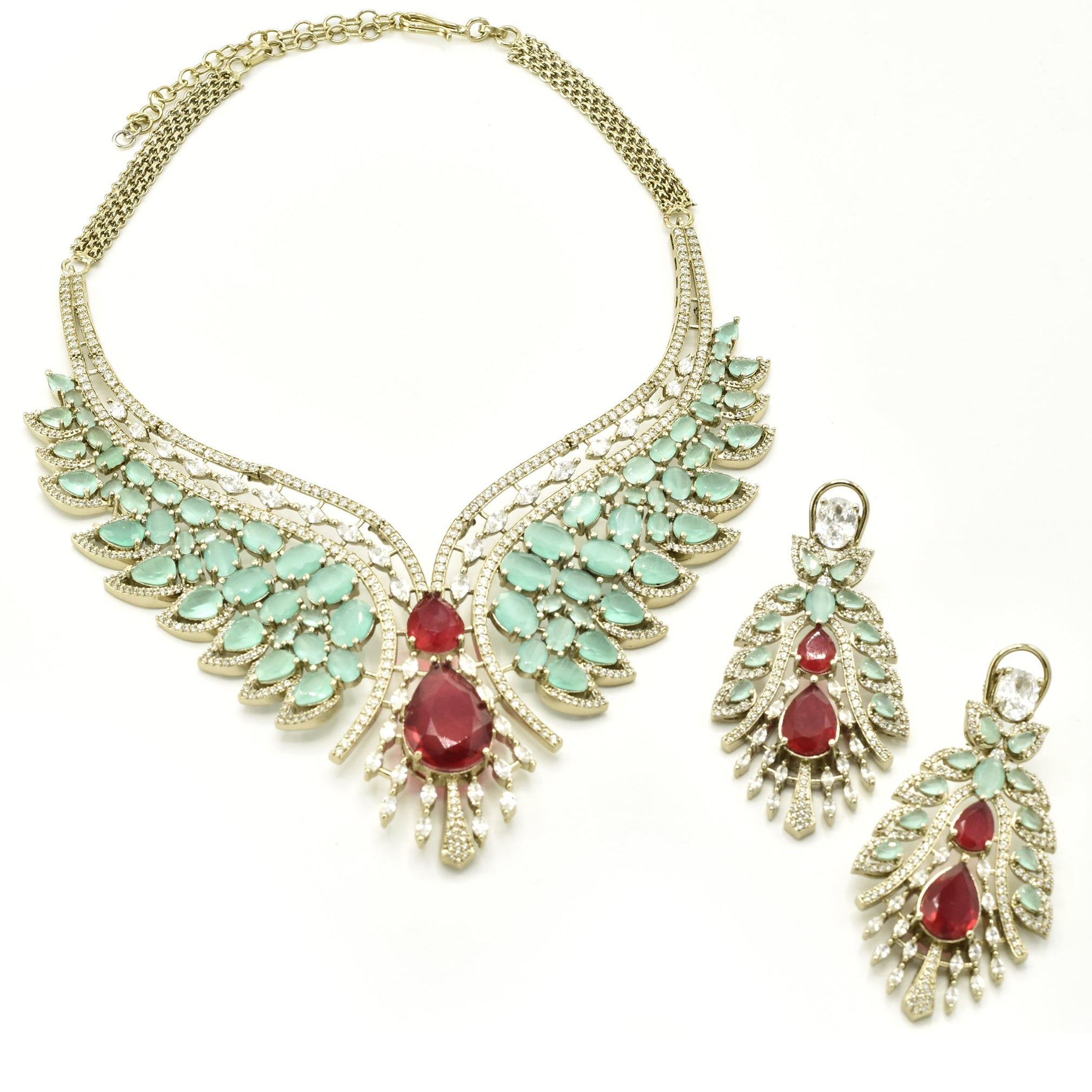 Mirraya Mint Green & Ruby American Diamond Wing Statement Necklace Set with earrings - The Pashm