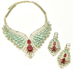 Mirraya Mint Green & Ruby American Diamond Wing Statement Necklace Set with earrings - The Pashm