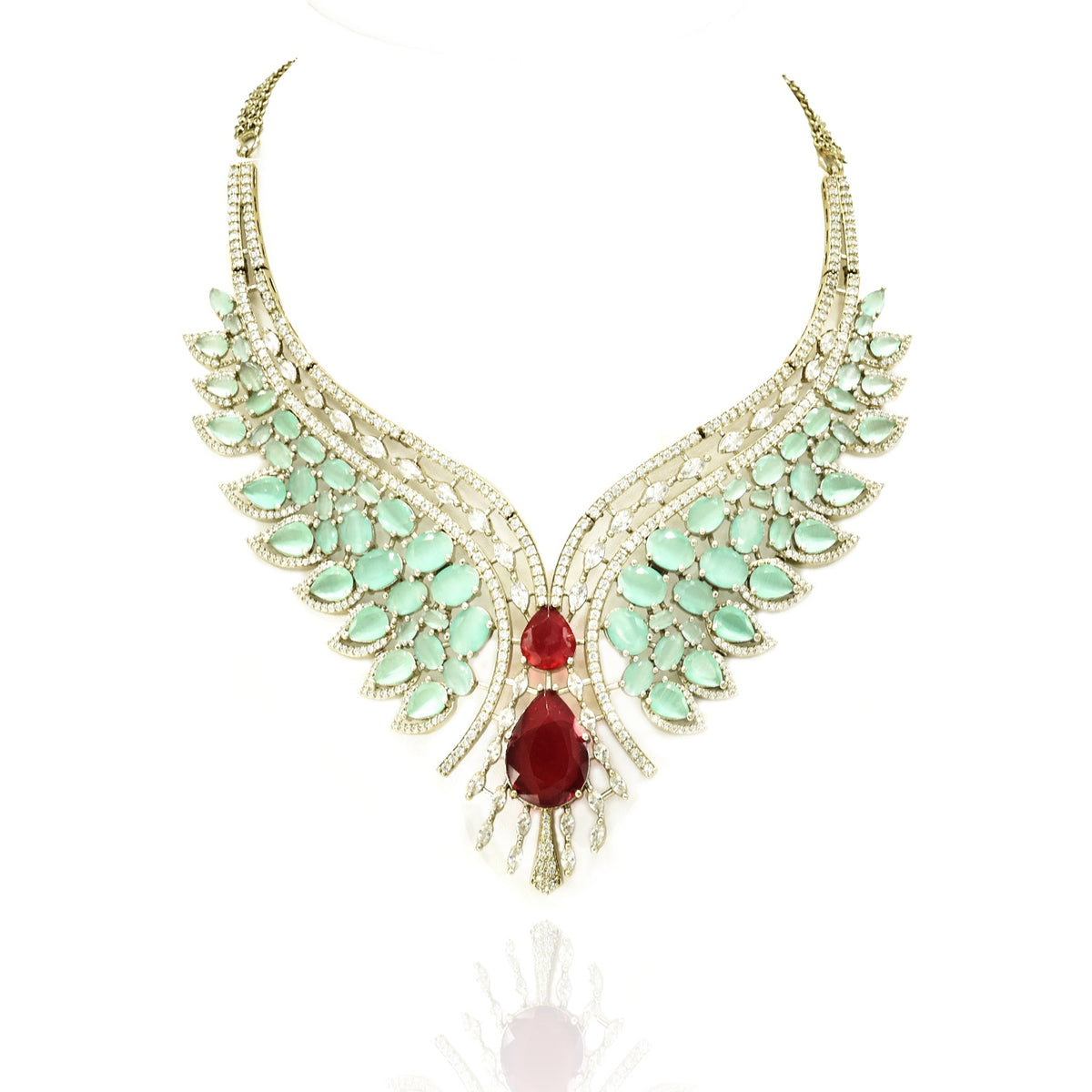 Mirraya Mint Green & Ruby American Diamond Wing Statement Necklace Set - The pashm