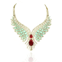 Mirraya Mint Green & Ruby American Diamond Wing Statement Necklace Set - The pashm