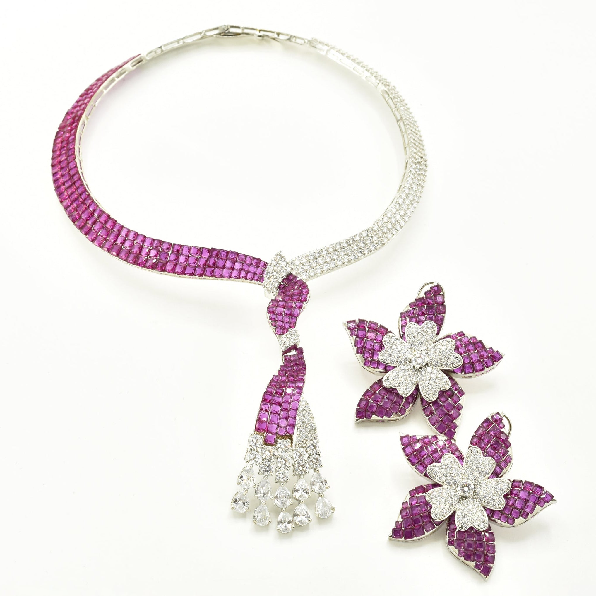 Yuti Ruby Pink & White American Diamond Statement Necklace Set with earrings -The Pashm