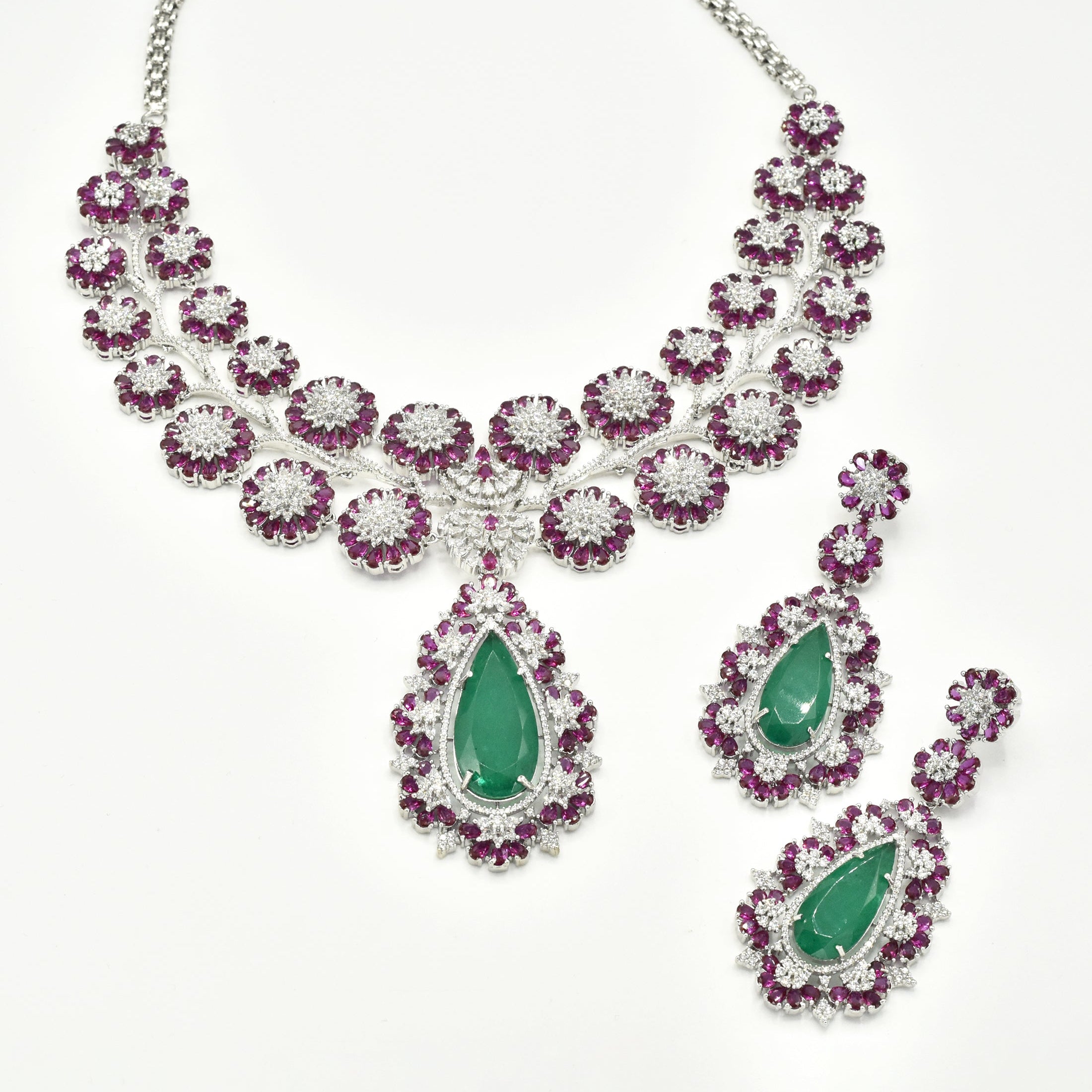 Alizeh Floral American Diamond Necklace Set with Green & Ruby Pink Stones with earrings - the pashm