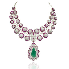 Alizeh Floral American Diamond Necklace Set with Green & Ruby Pink Stones - The pashm