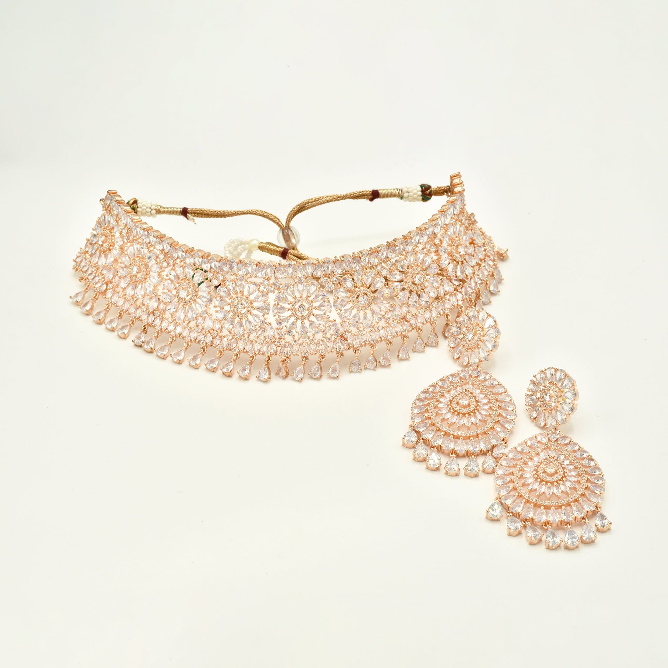 Sarva Rose Gold American Diamond Floral Choker Set - The Pashm