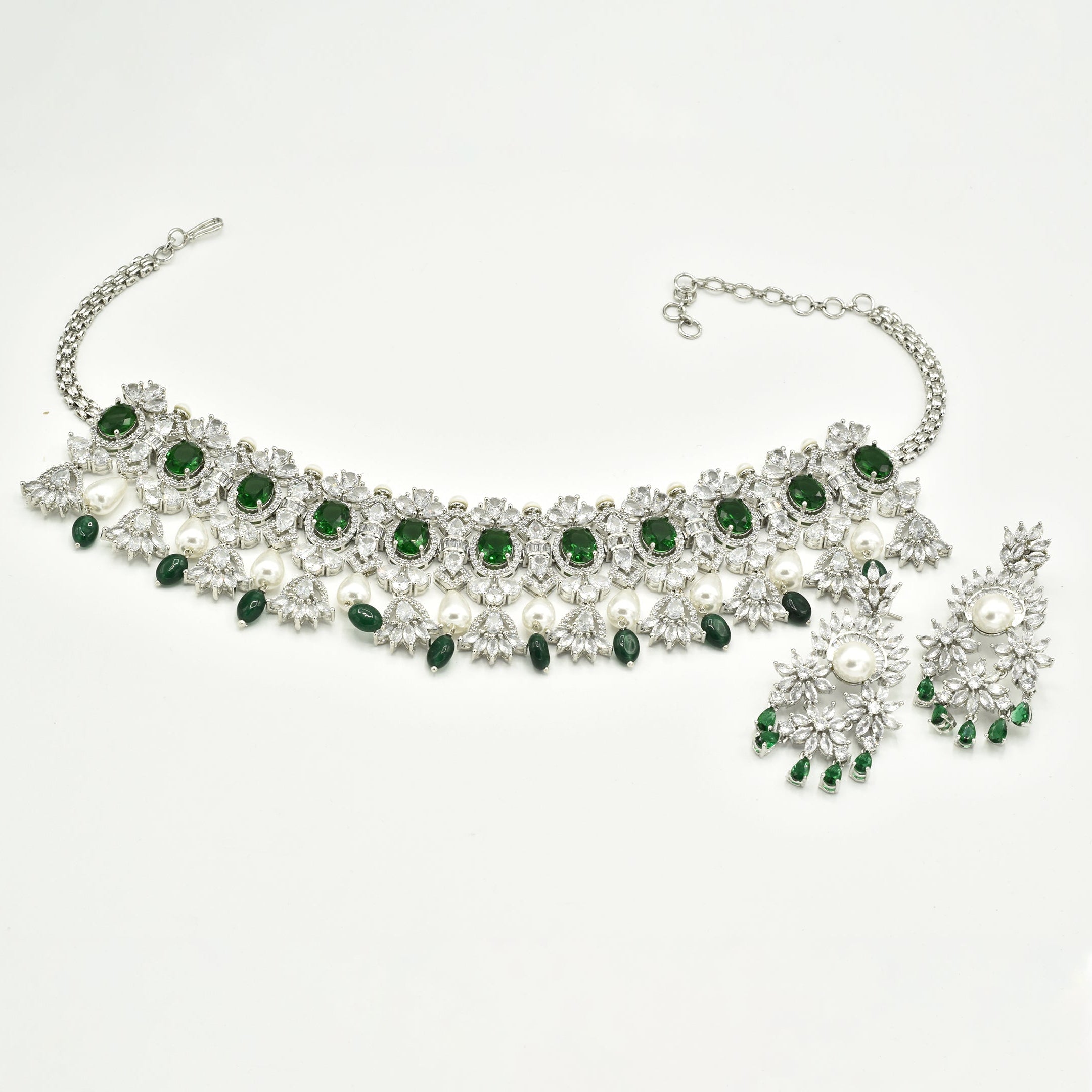 Zareen Emerald Green & Pearl American Diamond Choker Set - The pashm