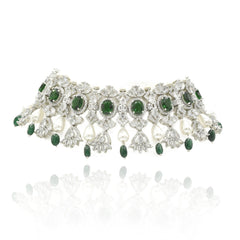 Zareen Emerald Green & Pearl American Diamond Choker Set - The pashm