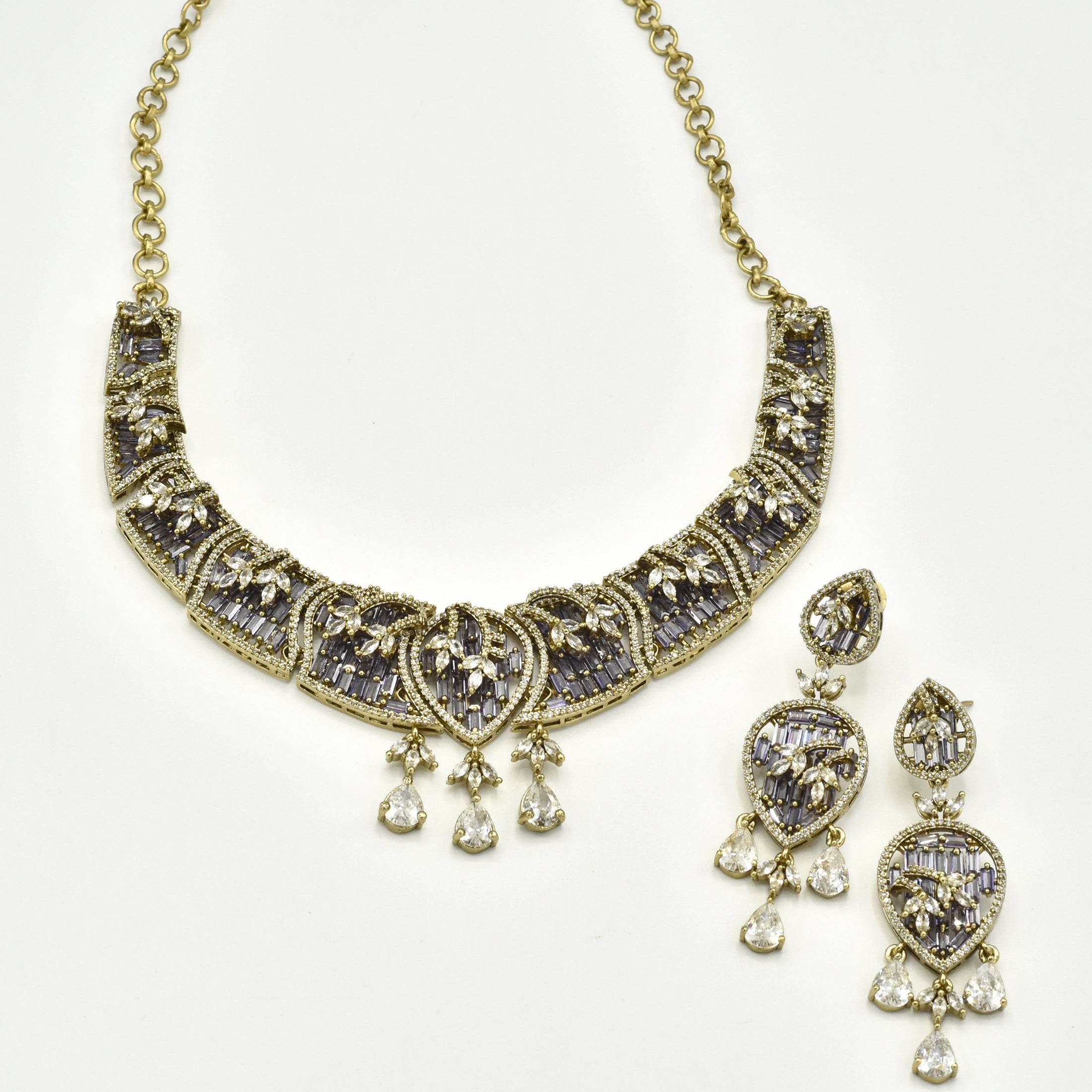 Yamisha American Diamond Statement Necklace Set with Drop Earrings Purple - The Pashm