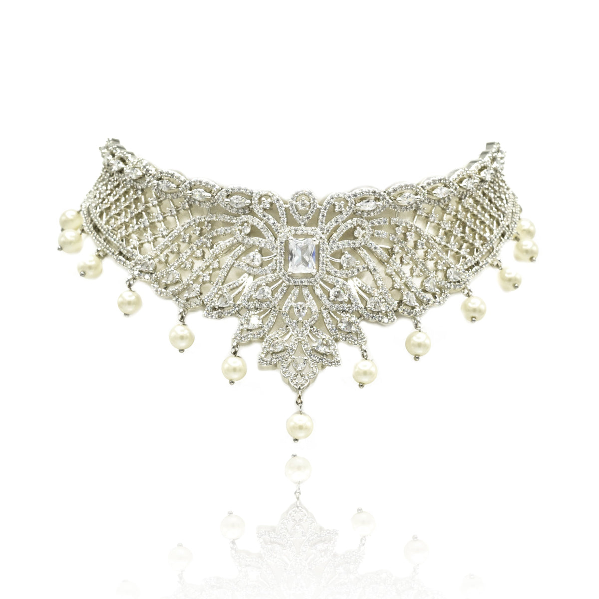 Ifama American Diamond Pearl Drop Bridal Choker Set - The Pashm