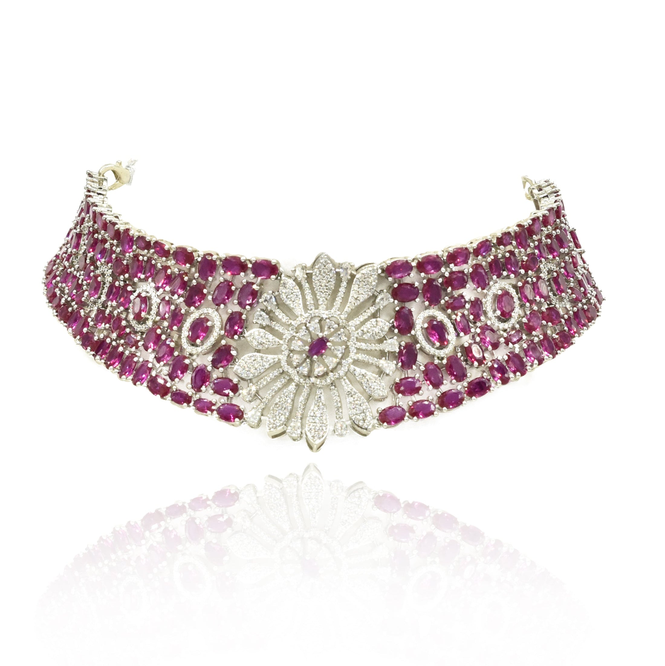 Ziyana Pink American Diamond Floral Choker Set