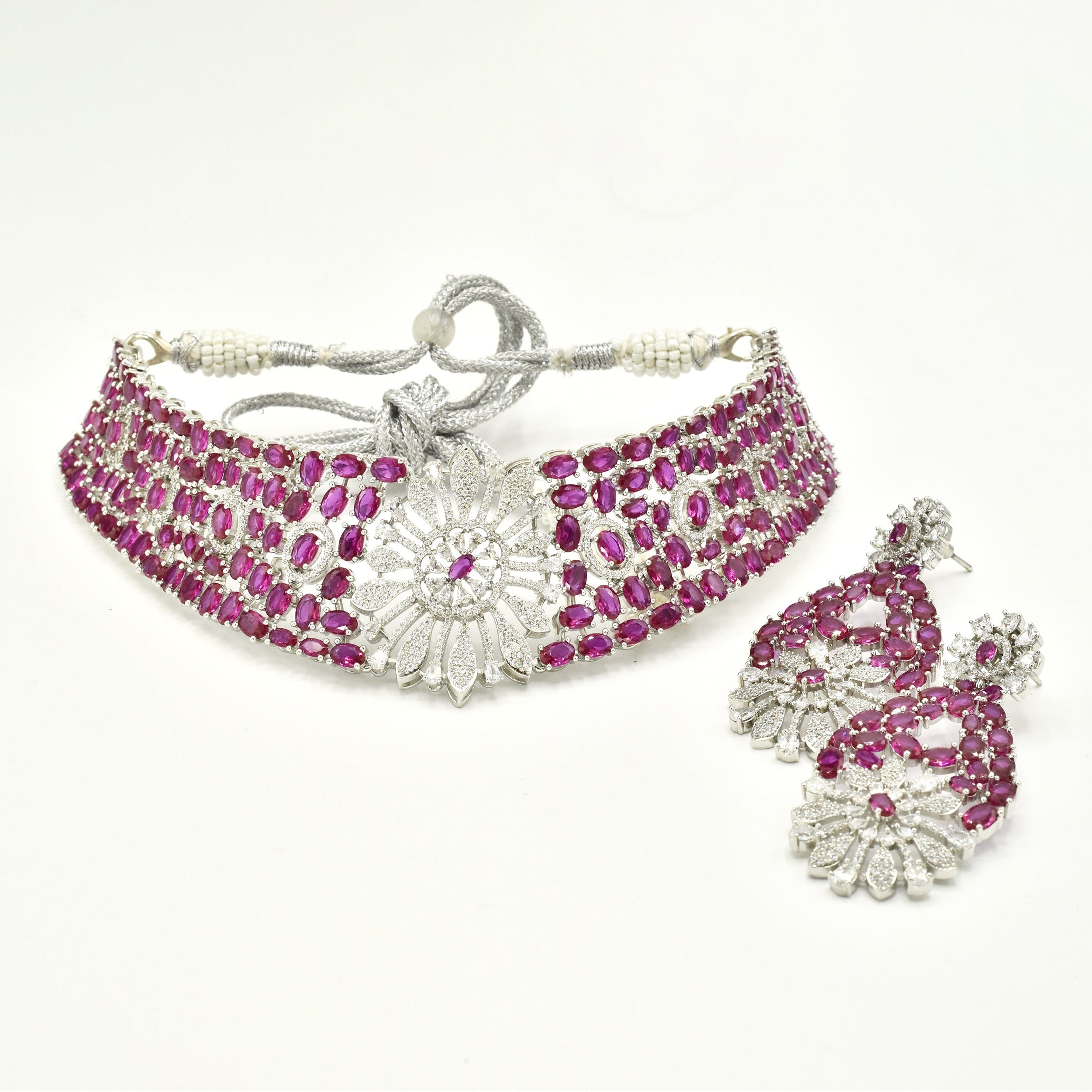 Ziyana Pink American Diamond Floral Choker Set