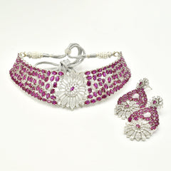 Ziyana Pink American Diamond Floral Choker Set