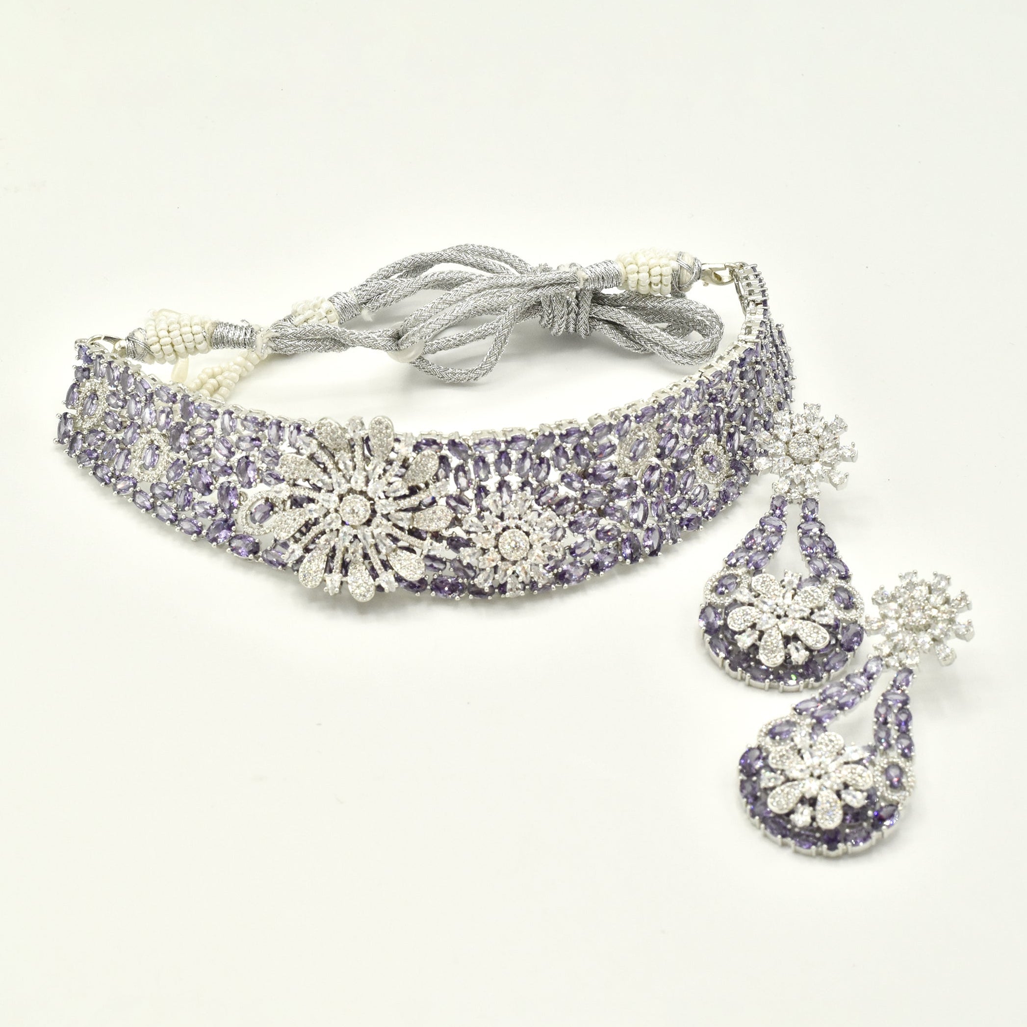 Ziyana Purple American Diamond Floral Choker Set - The Pashm