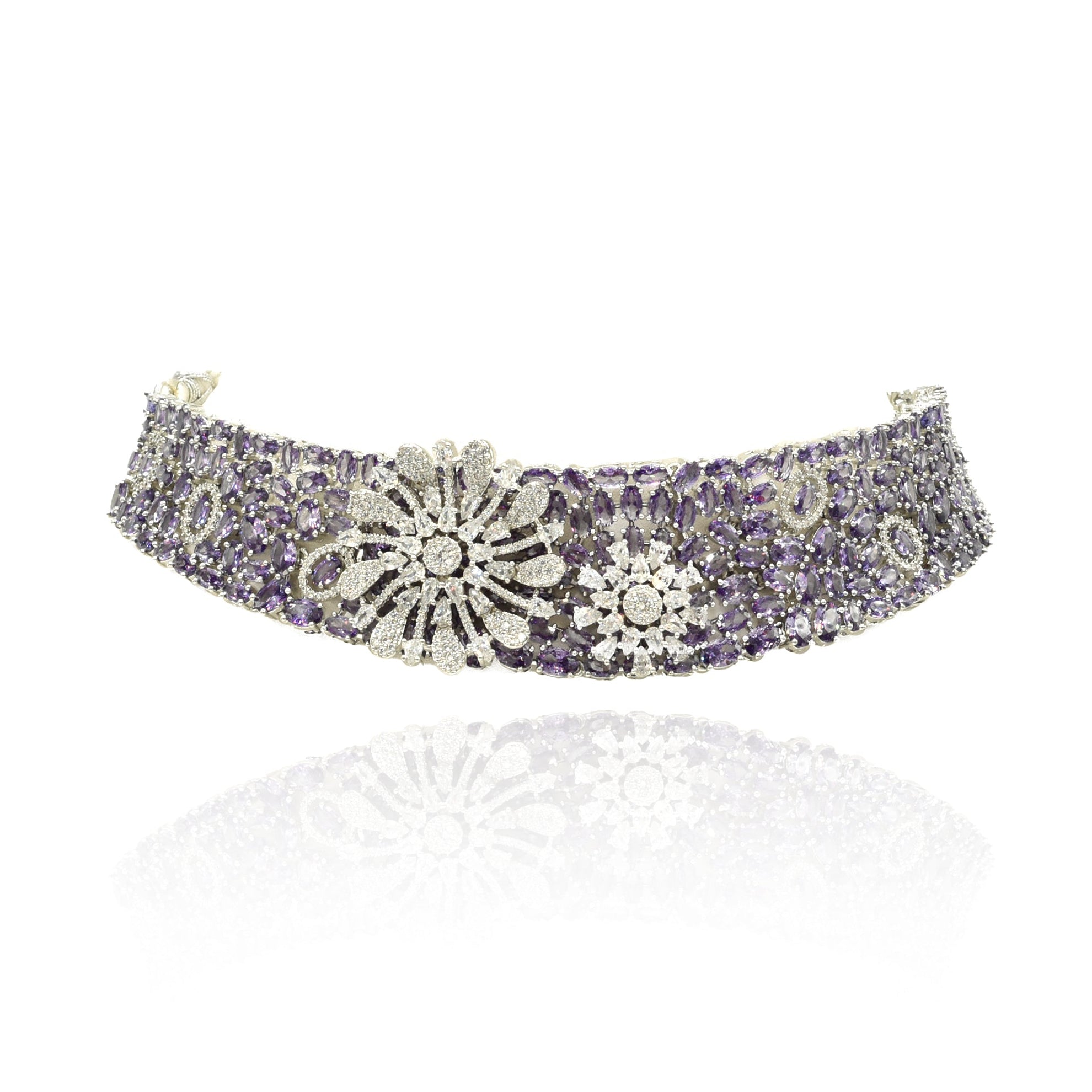 Ziyana Purple American Diamond Floral Choker Set - The Pashm
