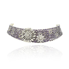 Ziyana Purple American Diamond Floral Choker Set - The Pashm