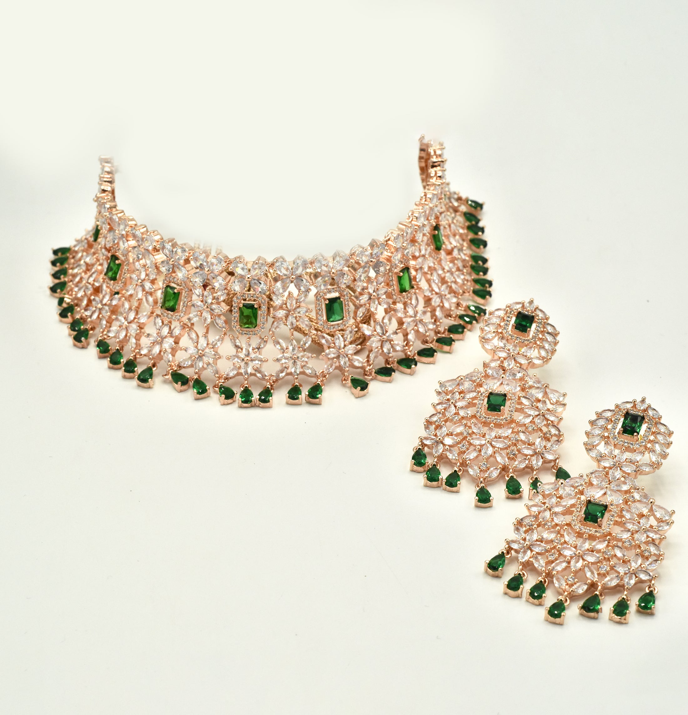 Eraya Rose Gold Emerald Green American Diamond Choker Set - The Pashm