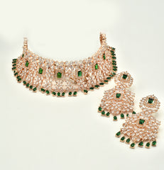 Eraya Rose Gold Emerald Green American Diamond Choker Set - The Pashm