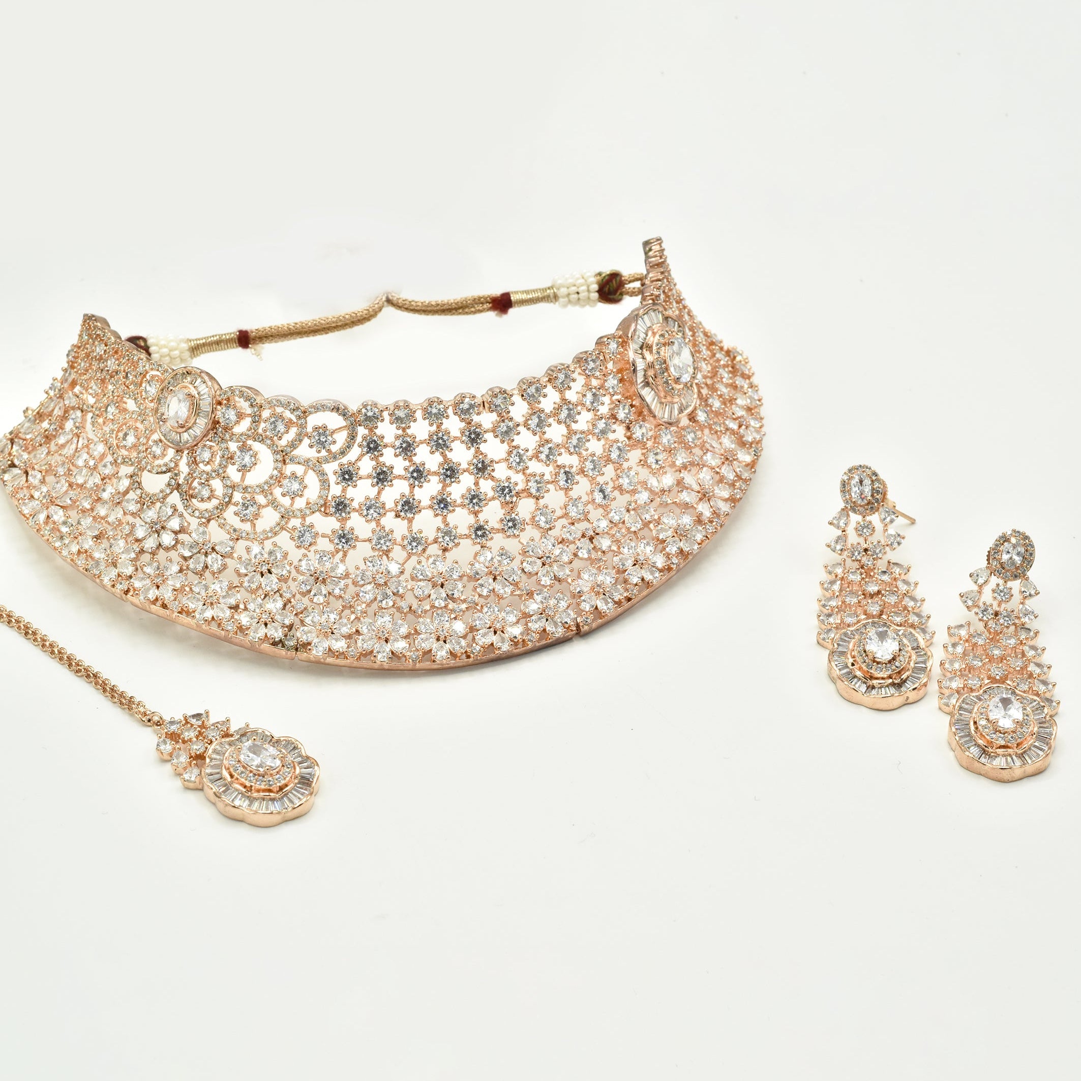 Sahana Rose Gold American Diamond Floral Bridal Choker Set - The Pashm