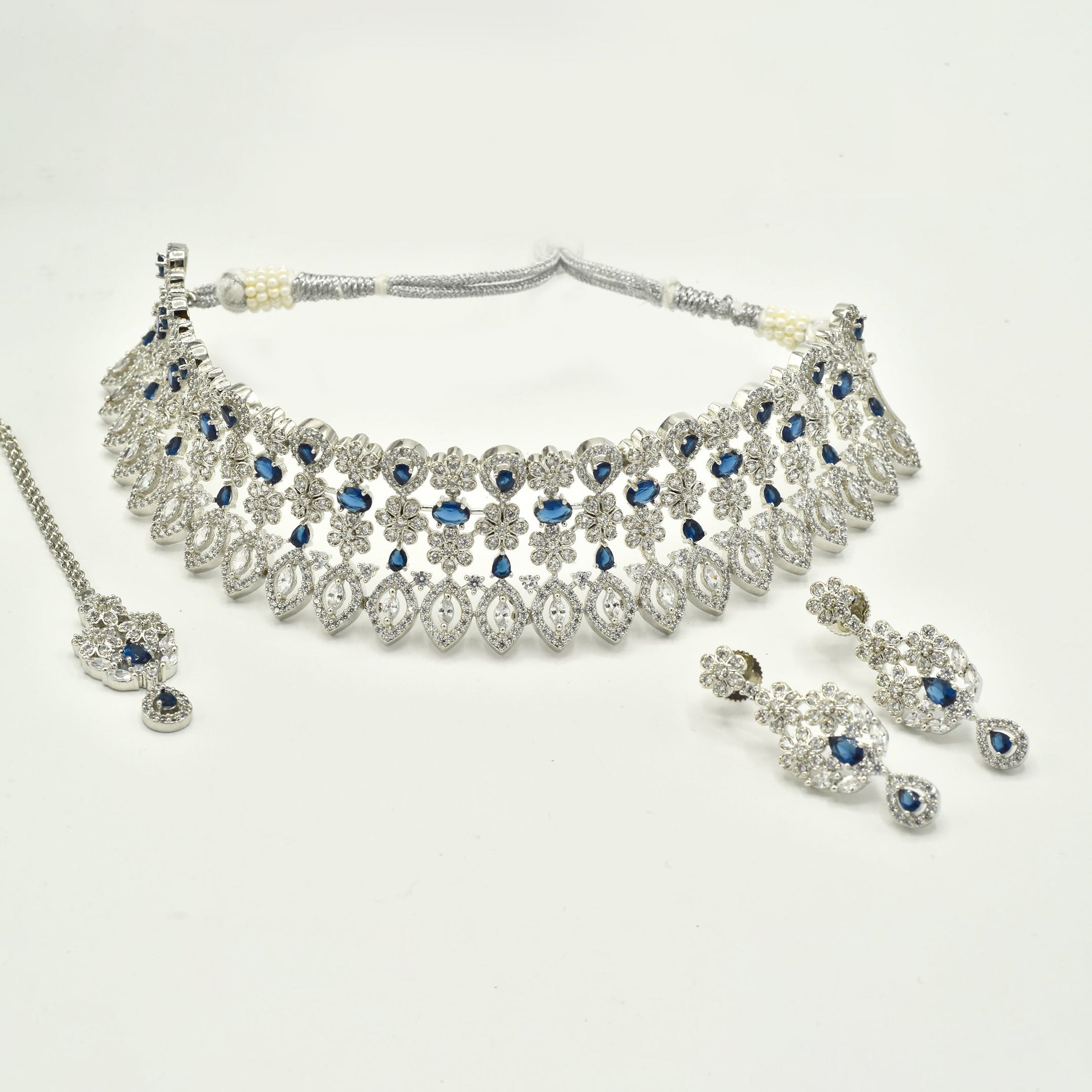 Rubah American Diamond Floral Choker Set Blue - The pashm