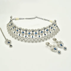 Rubah American Diamond Floral Choker Set Blue - The pashm