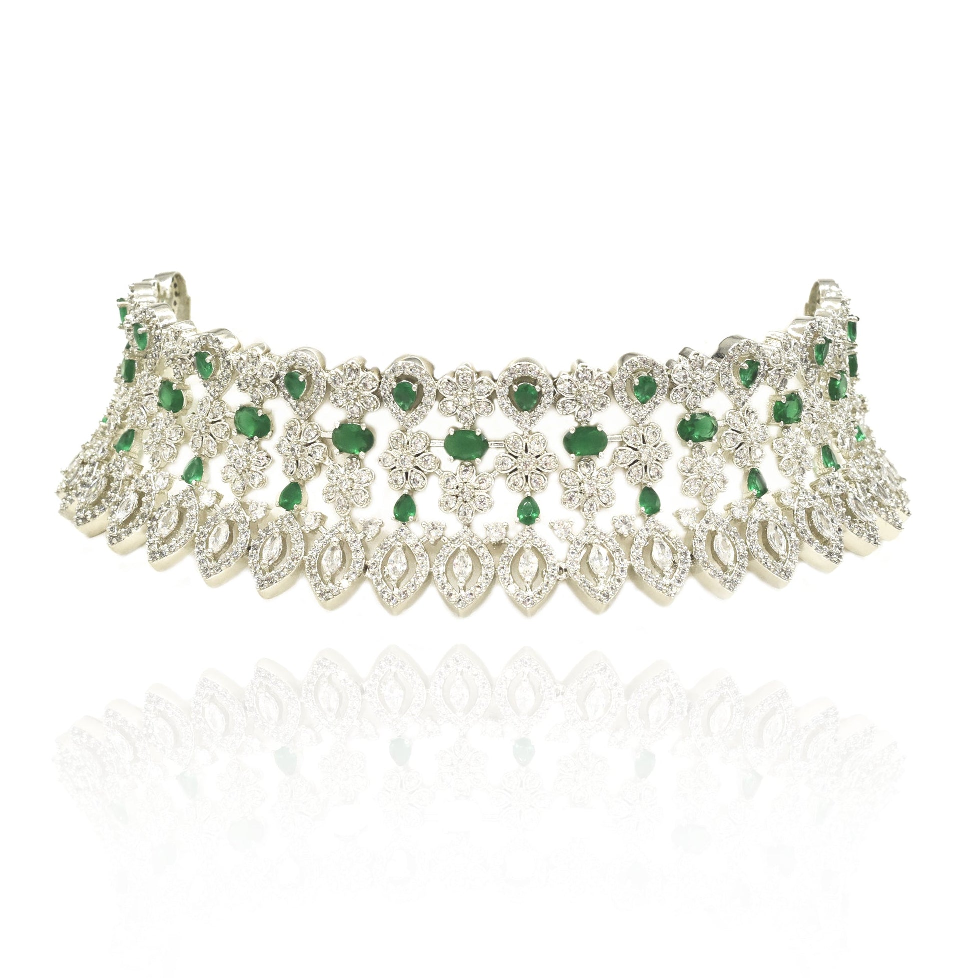 Rubah Green American Diamond Floral Choker Set - The Pashm