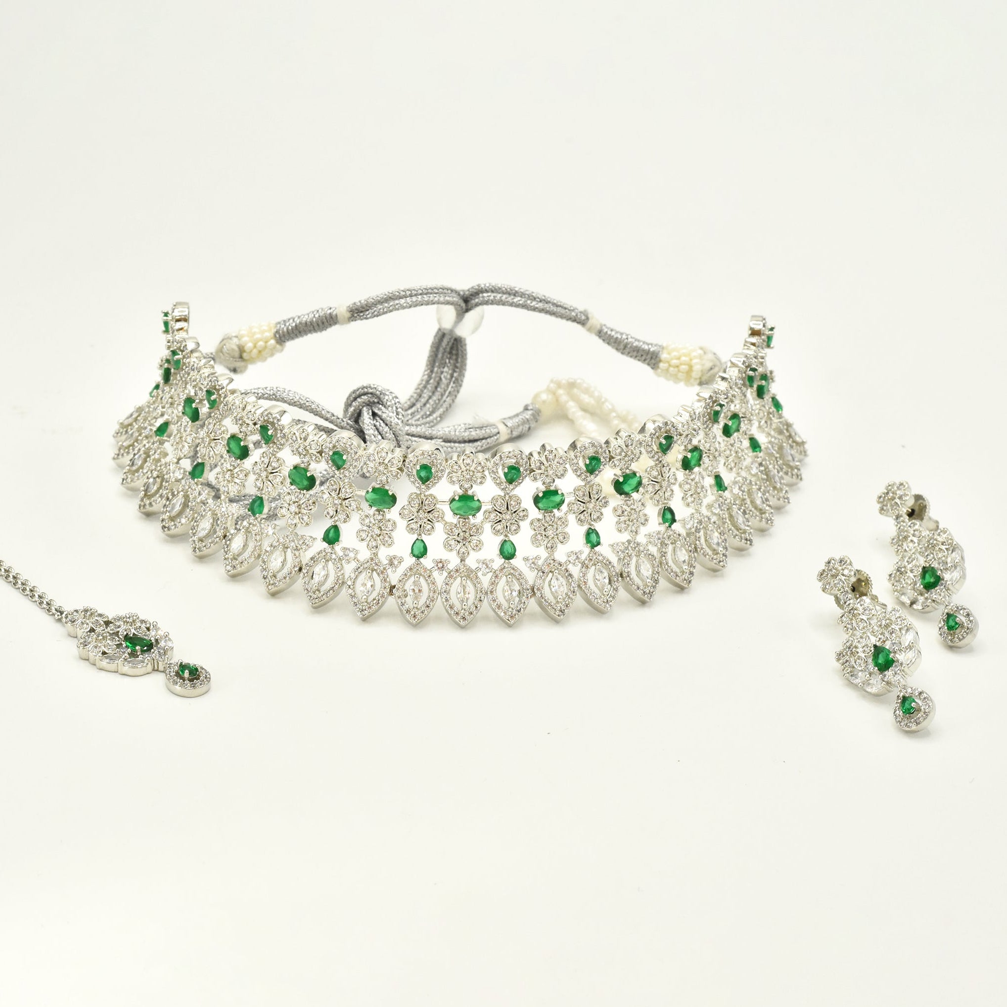 Rubah Green American Diamond Floral Choker Set - The Pashm
