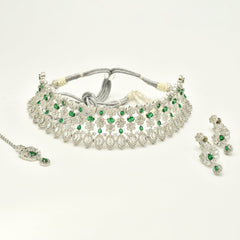 Rubah Green American Diamond Floral Choker Set - The Pashm