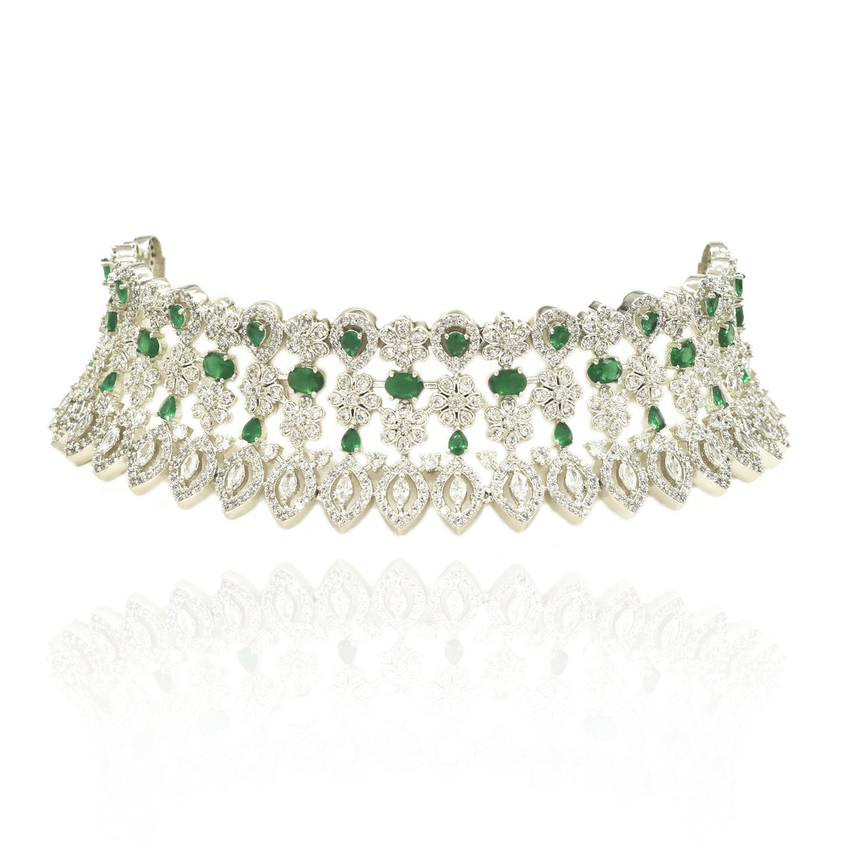 Rubah Green American Diamond Floral Choker Set - The Pashm