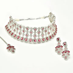 Rubah American Diamond Floral Choker Set Red - The pashm