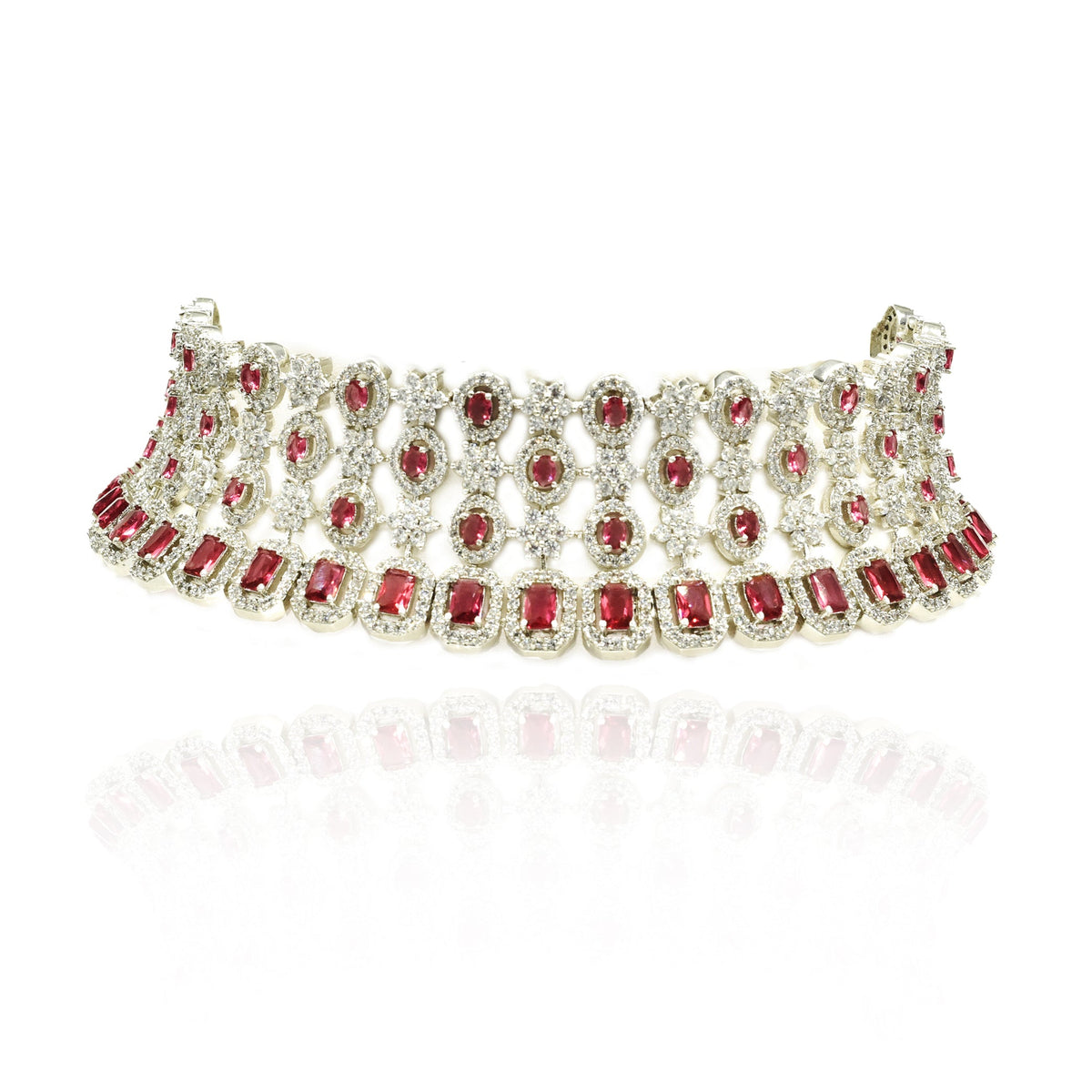 Rubah American Diamond Floral Choker Set Red - The pashm