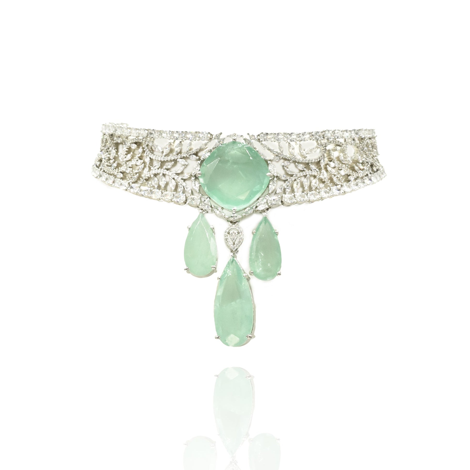 Amisha Mint Green Stone American Diamond Choker Necklace - The Pashm