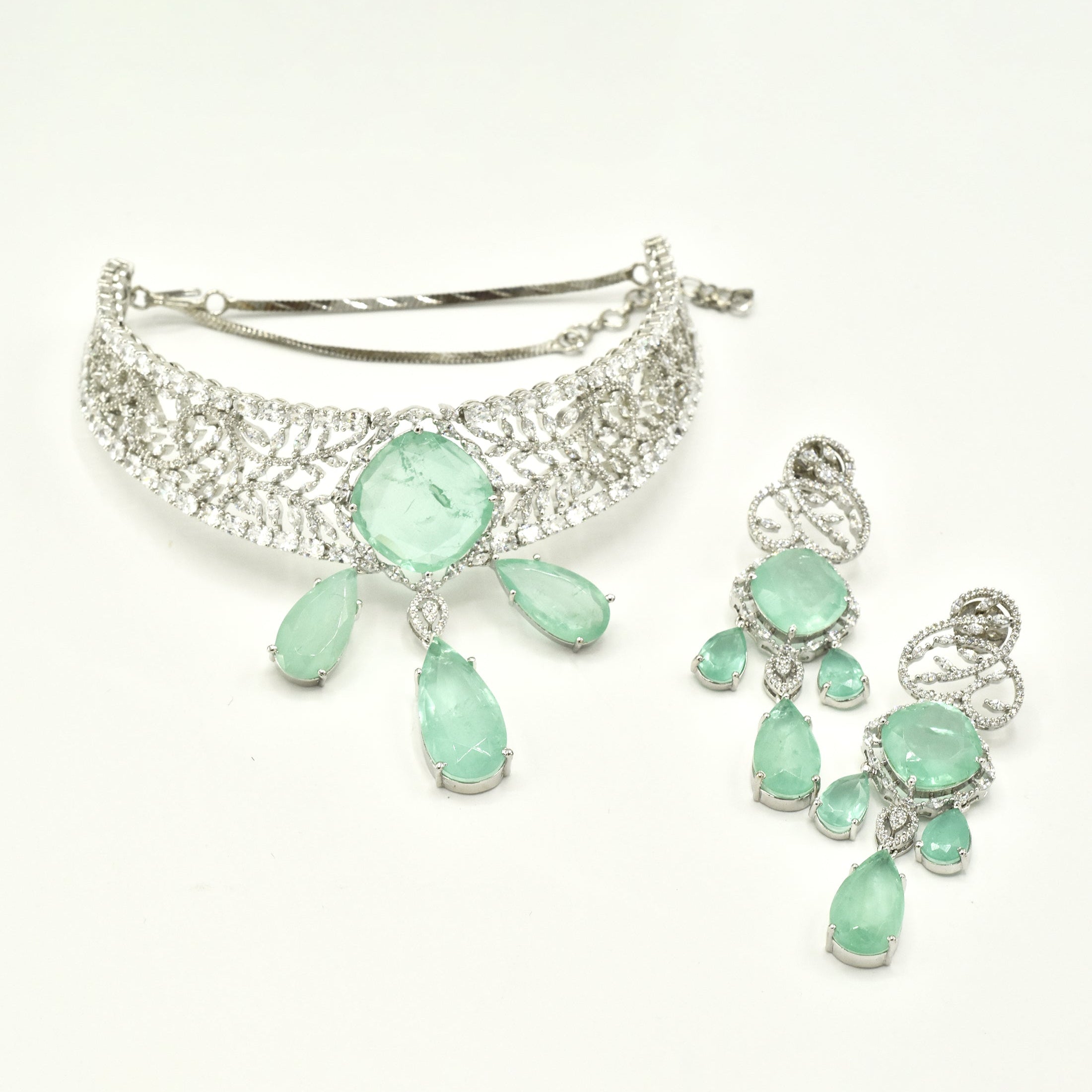 Amisha Mint Green Stone American Diamond Choker Necklace - The Pashm