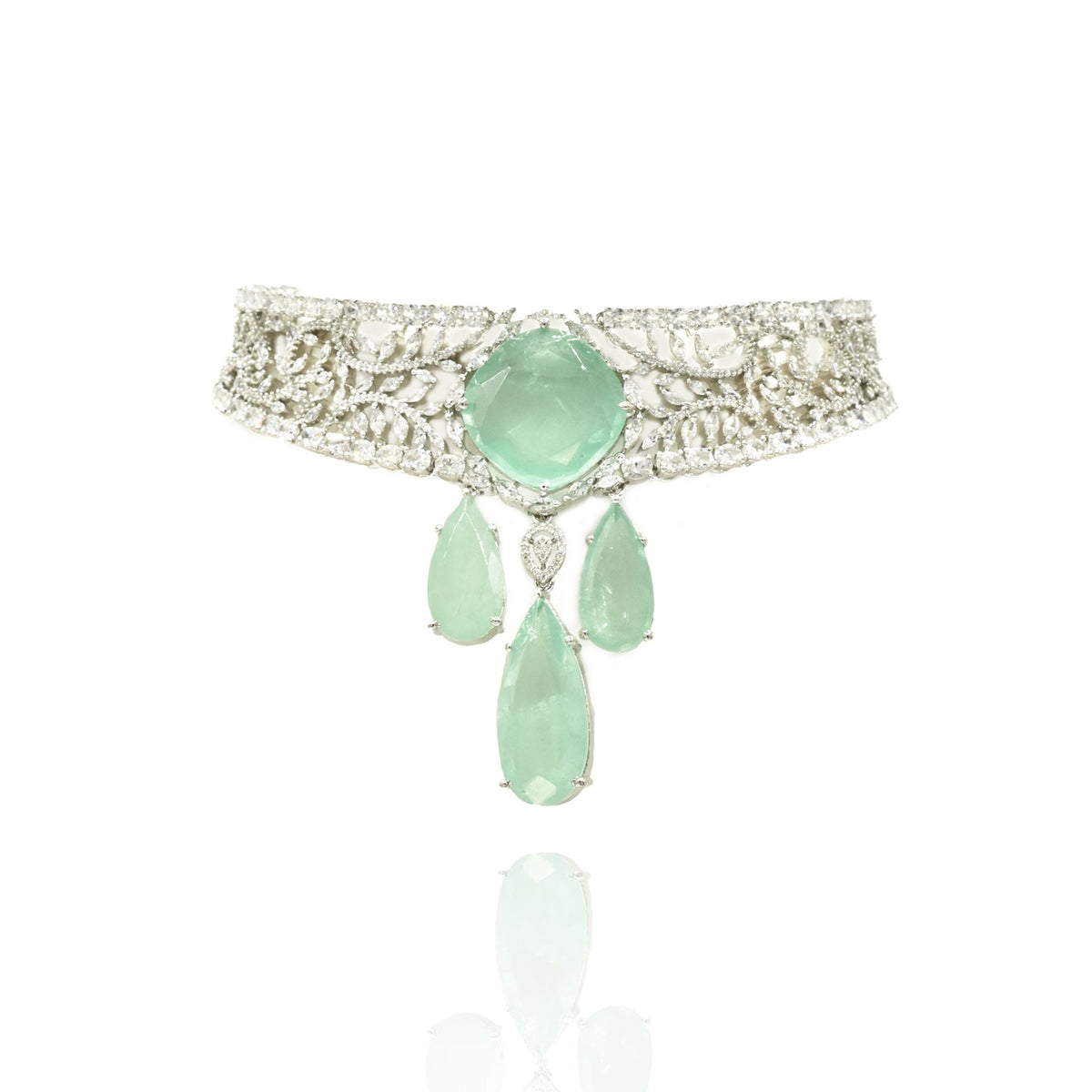 Amisha Mint Green Stone American Diamond Choker Necklace - The Pashm