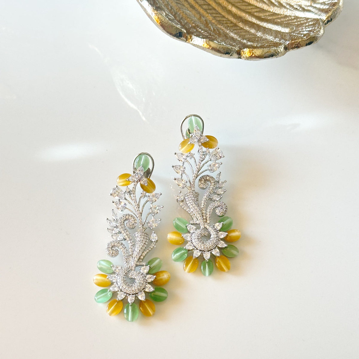 Mia Beaded Floral Earrings Yellow Green - The Pashm