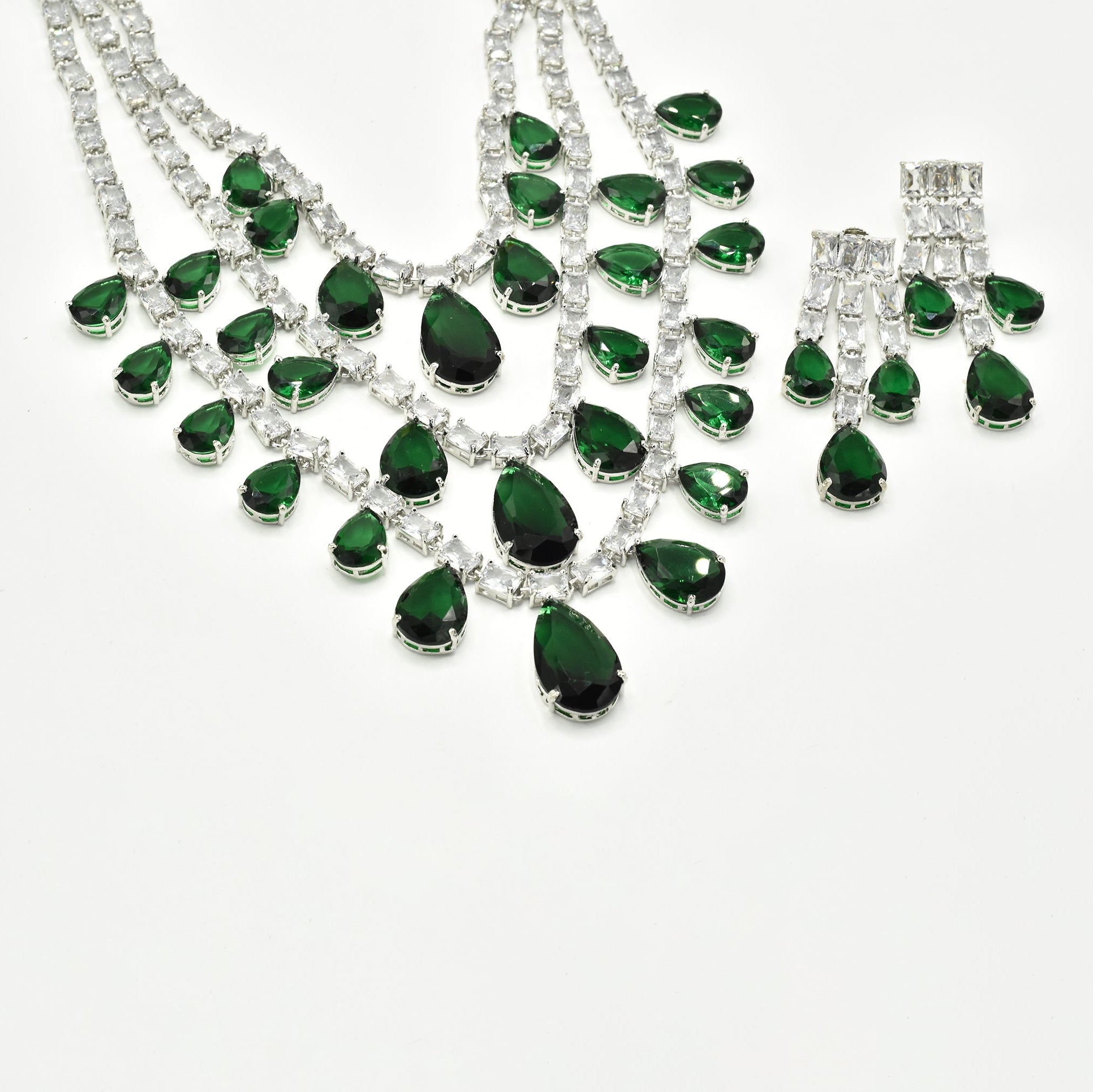 Maham Emerald Green Layered American Diamond Necklace Set - the Pashm