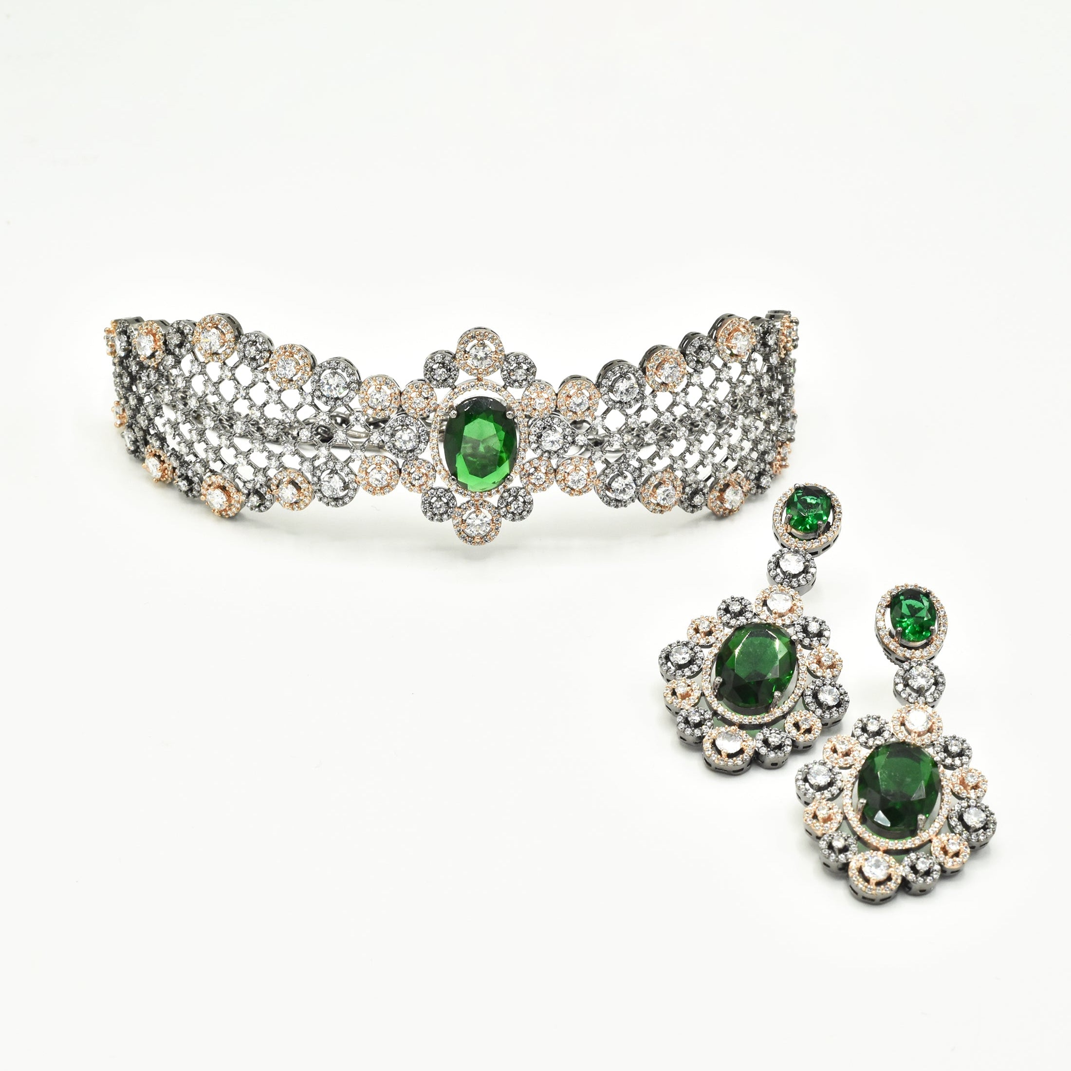 Serah Two-Tone American Diamond Choker Set Green - The Pashm