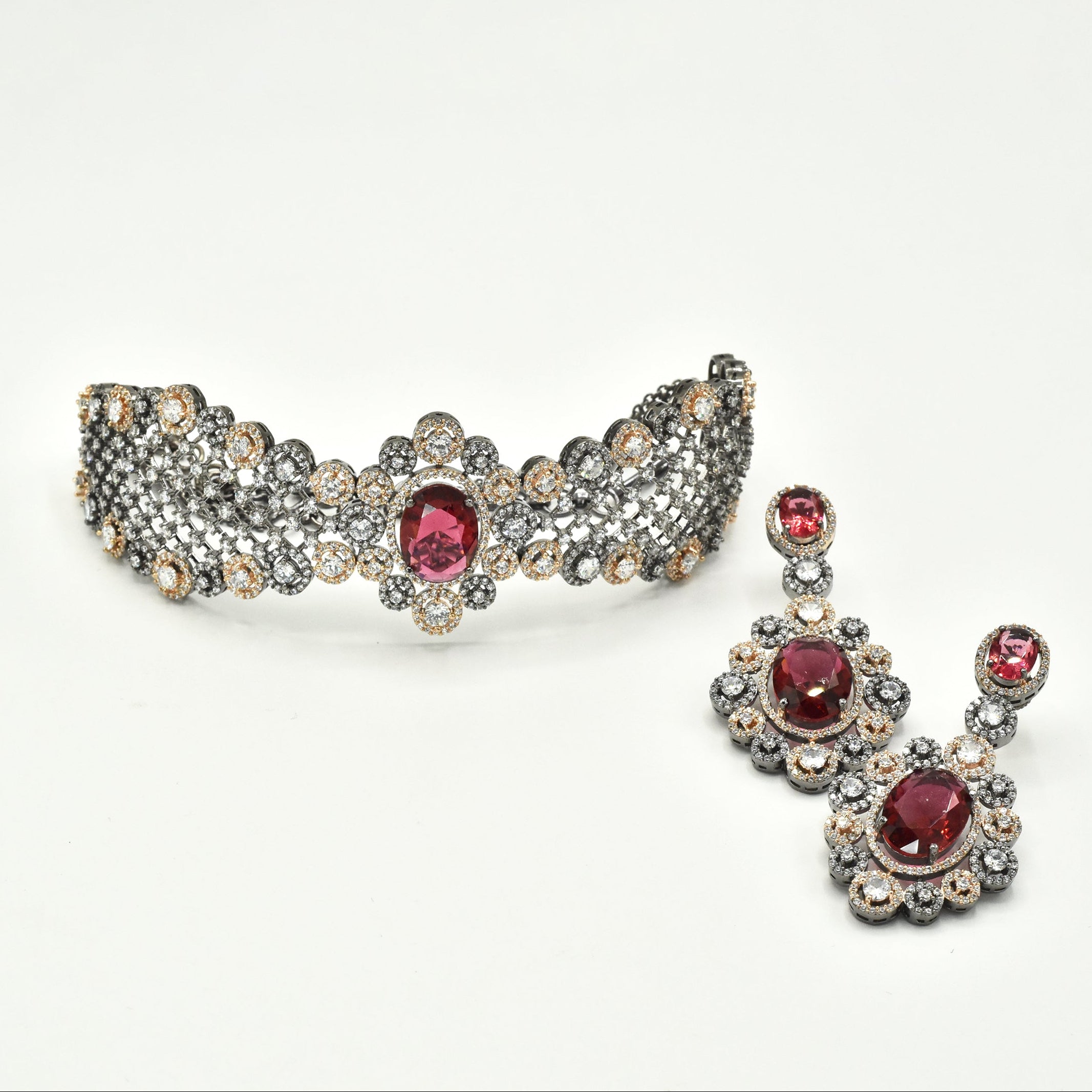 Serah Two-Tone American Diamond Choker Set Red - The Pashm