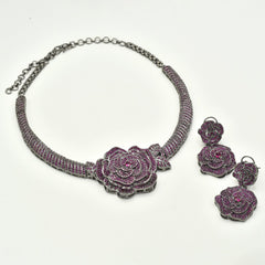 Zuha Ruby Pink Rose Statement Necklace Set in Antique Silver Finish with earrings - The Pashm