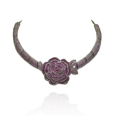 Zuha Ruby Pink Rose Statement Necklace Set in Antique Silver Finish - The pashm