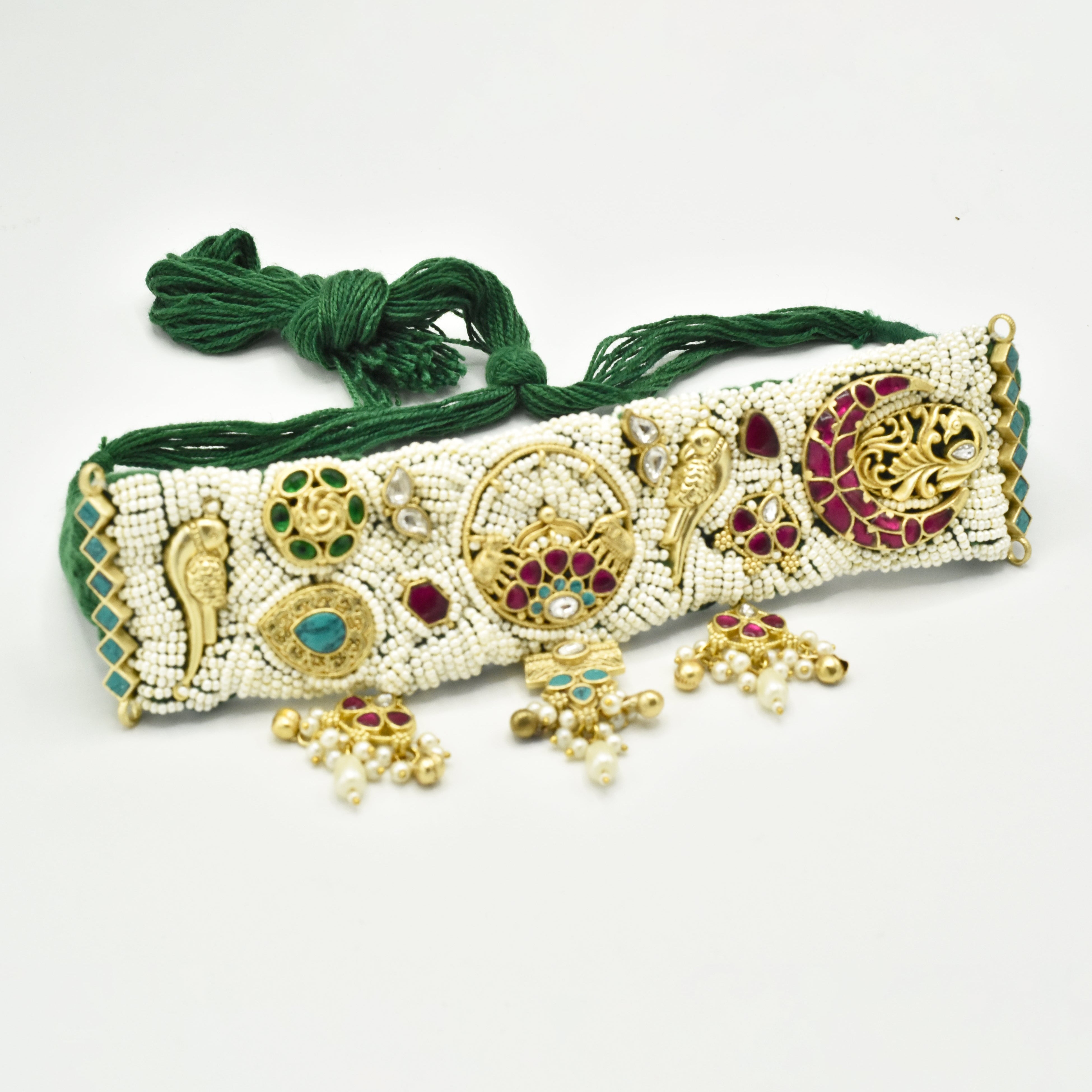 Prachika Pachi Kundan Charms Choker with Handwoven Back - The Pashm