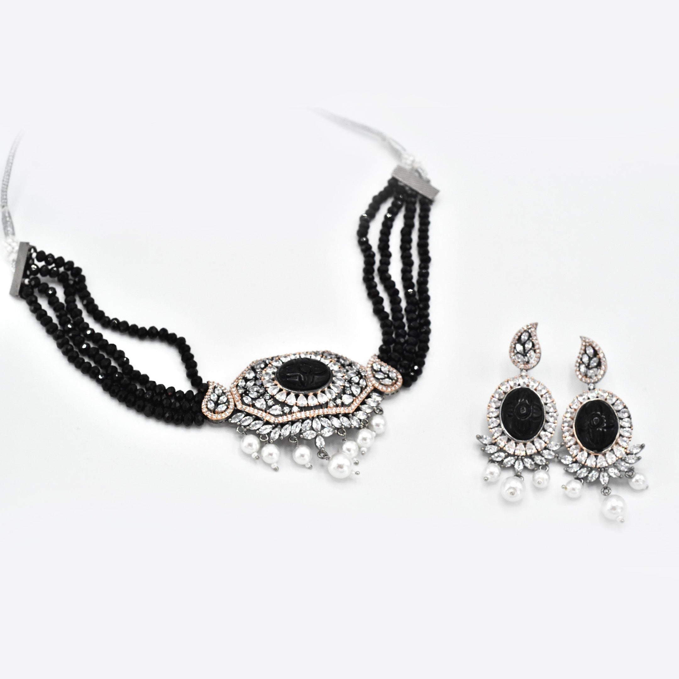 Doreen American Diamond Choker Set - Black - The Pashm