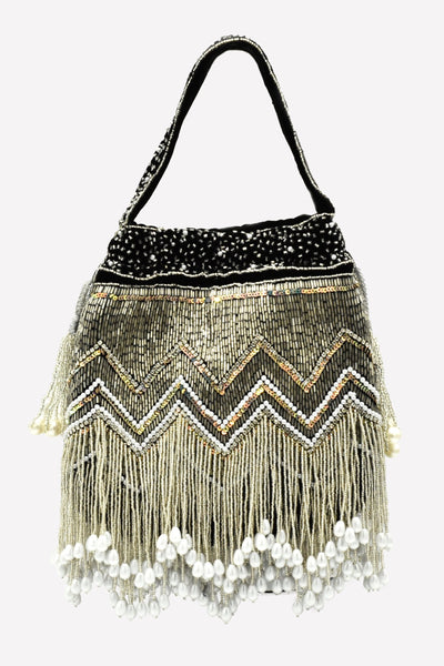 Sequin Chevron Tassel Potli Bag Black - The Pashm