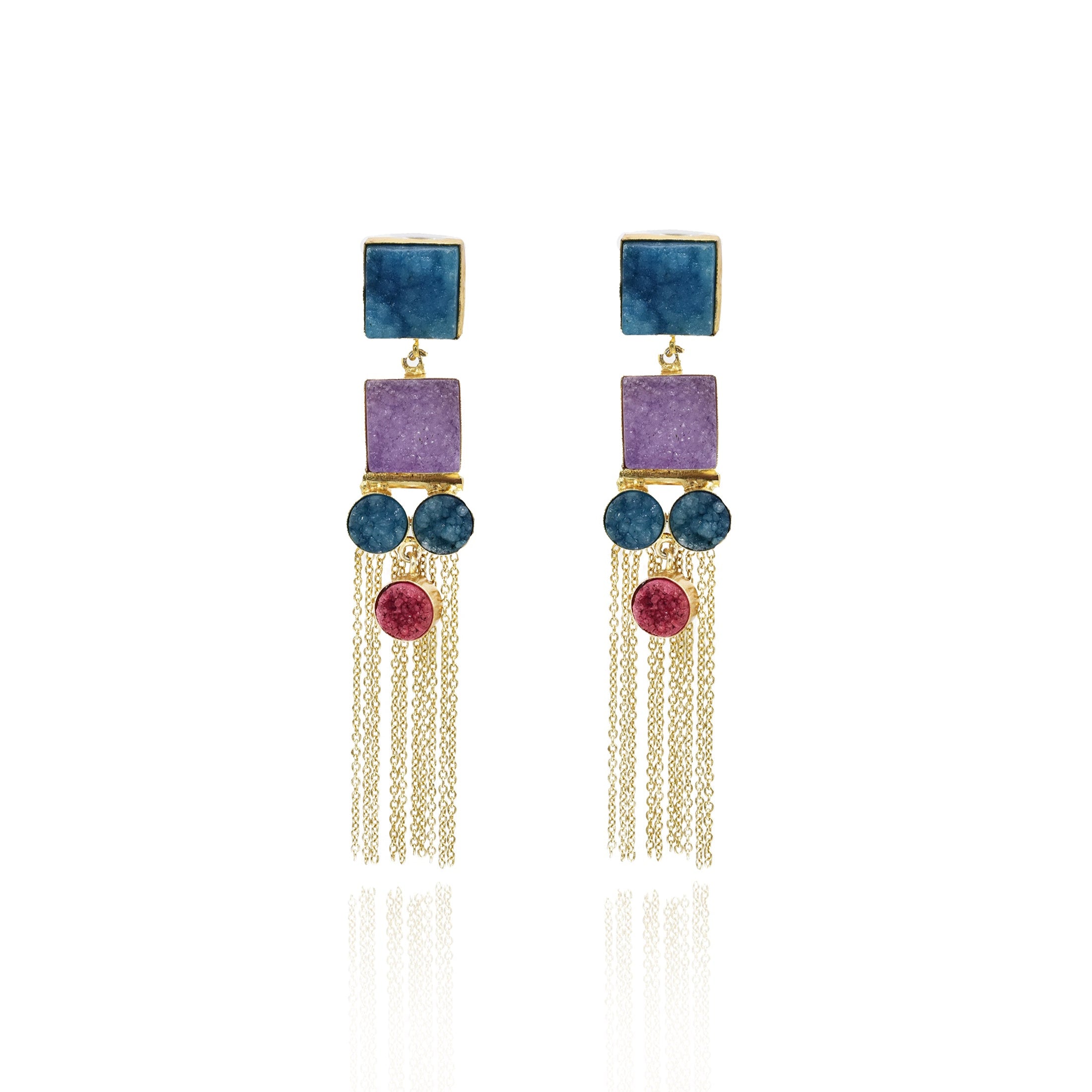 Emelia Multicolor Tassel Druzy Earrings Blue Purple