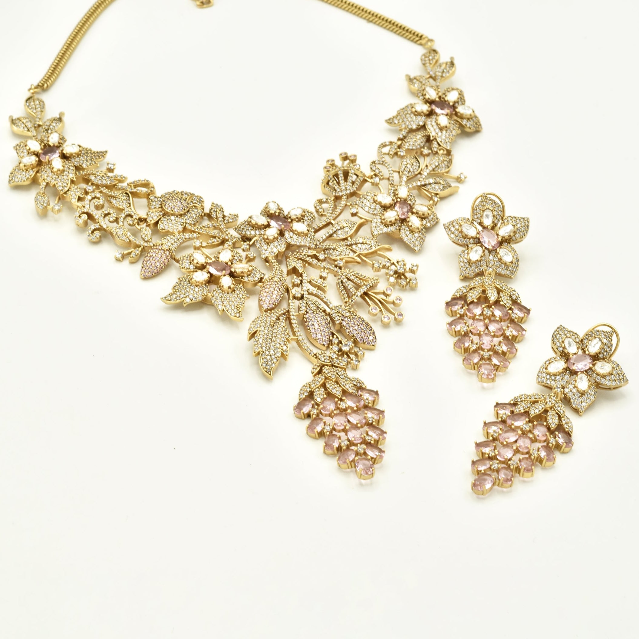 Blush Pink Floral Vine American Diamond Necklace Set