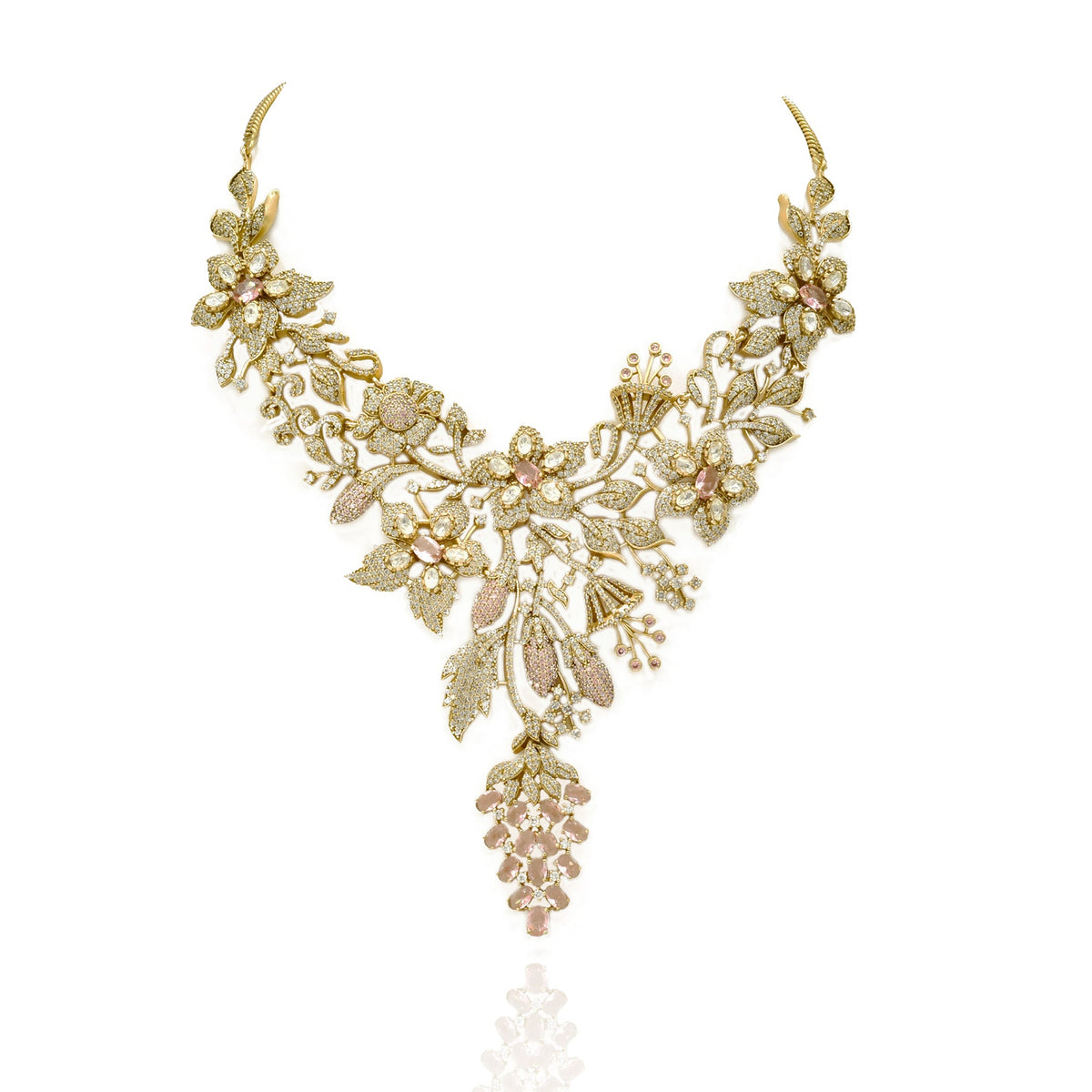 Blush Pink Floral Vine American Diamond Necklace Set