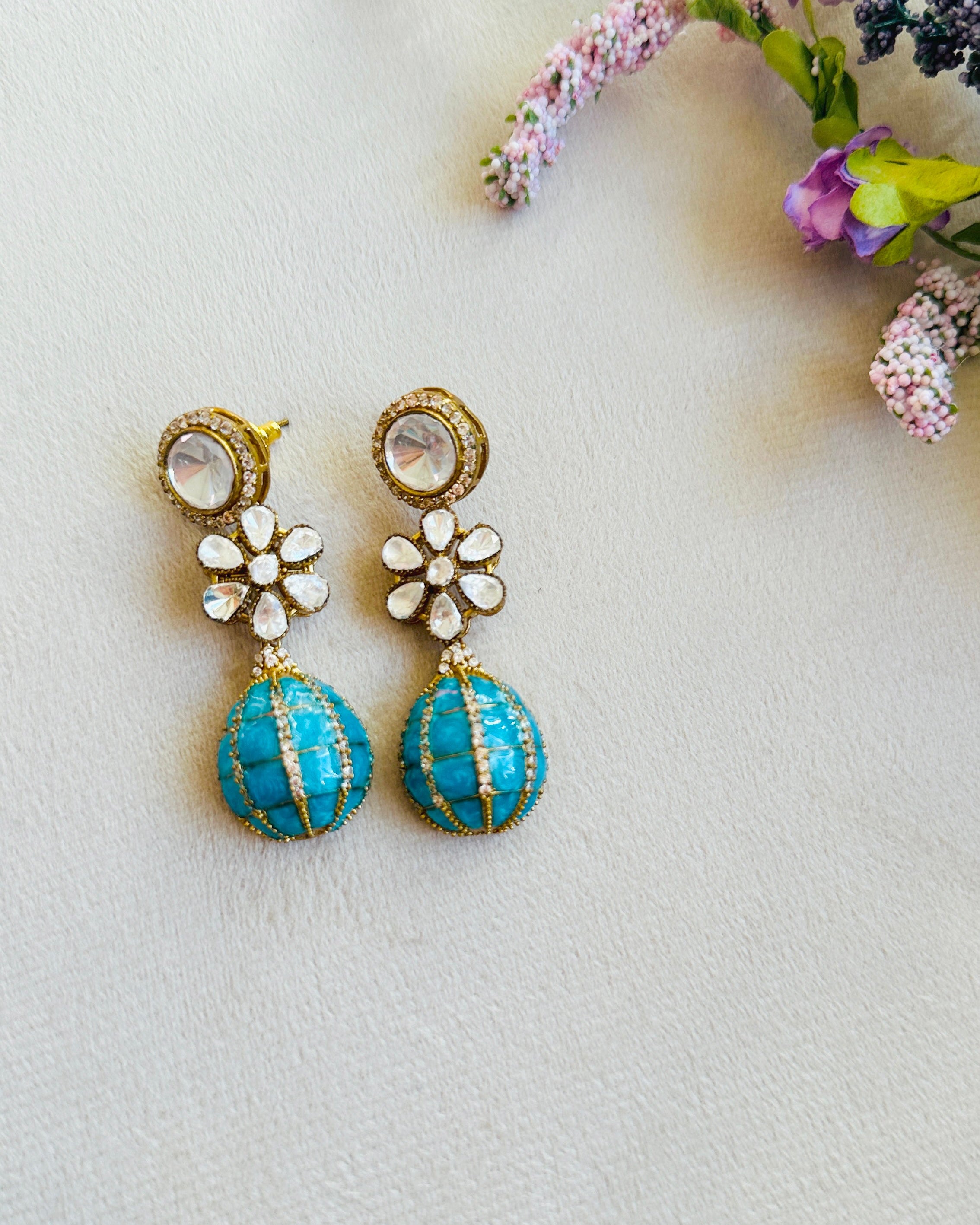 Mrissa Flower Polki Drop Earrings Blue -the Pashm
