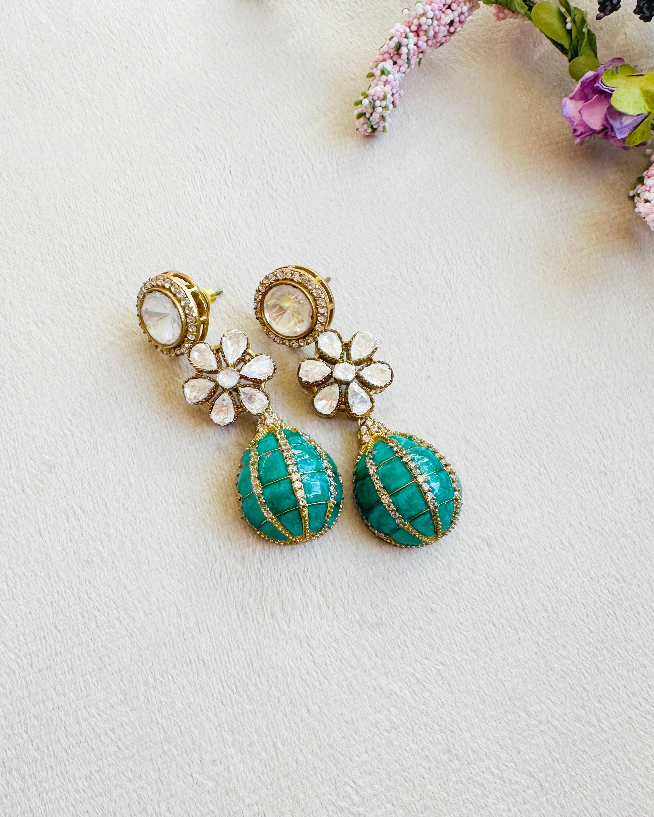 Mrissa Flower Polki Drop Earrings Green -the Pashm