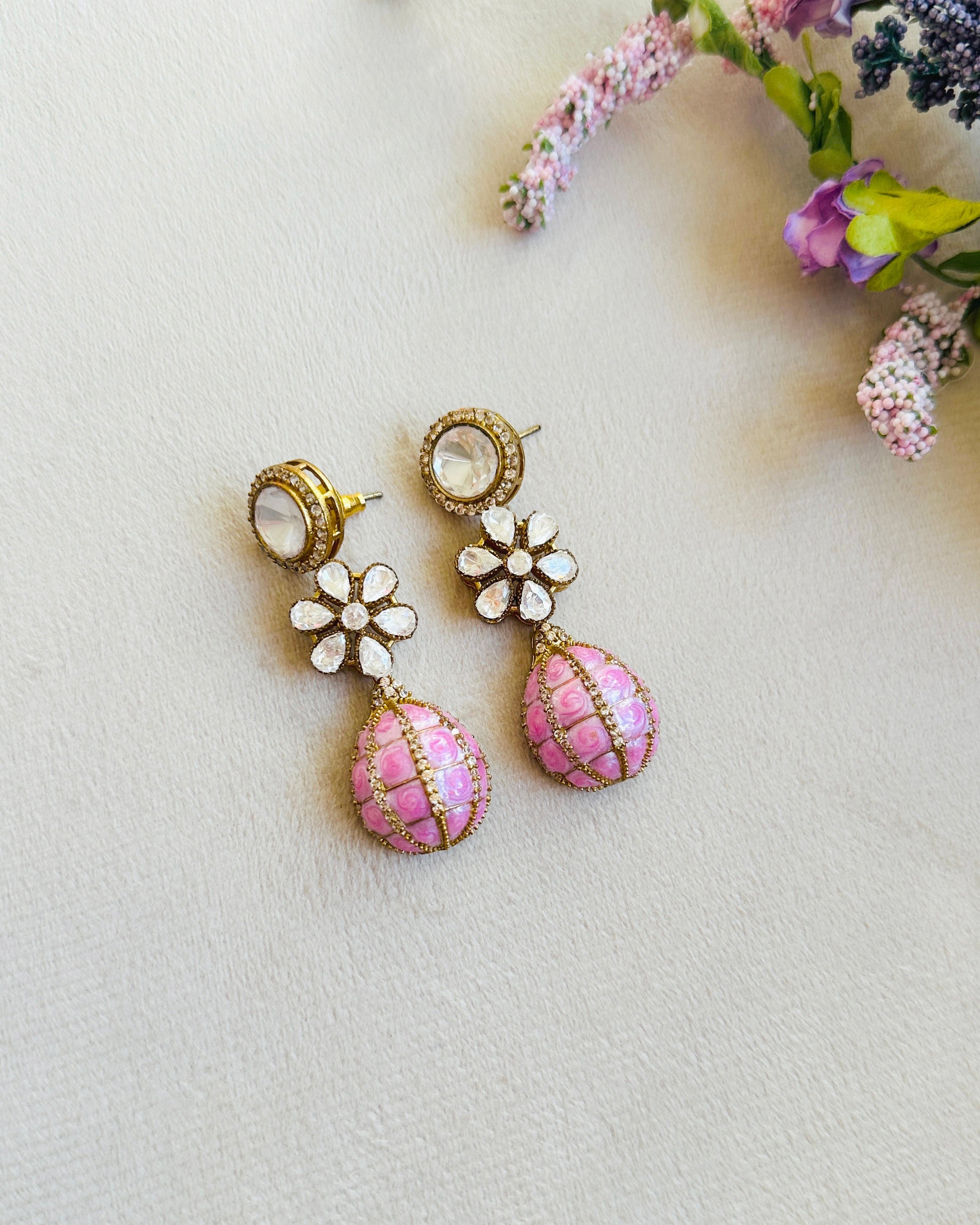 Mrissa Flower Polki Drop Earrings Pink -the Pashm