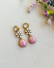 Mrissa Flower Polki Drop Earrings Pink -the Pashm