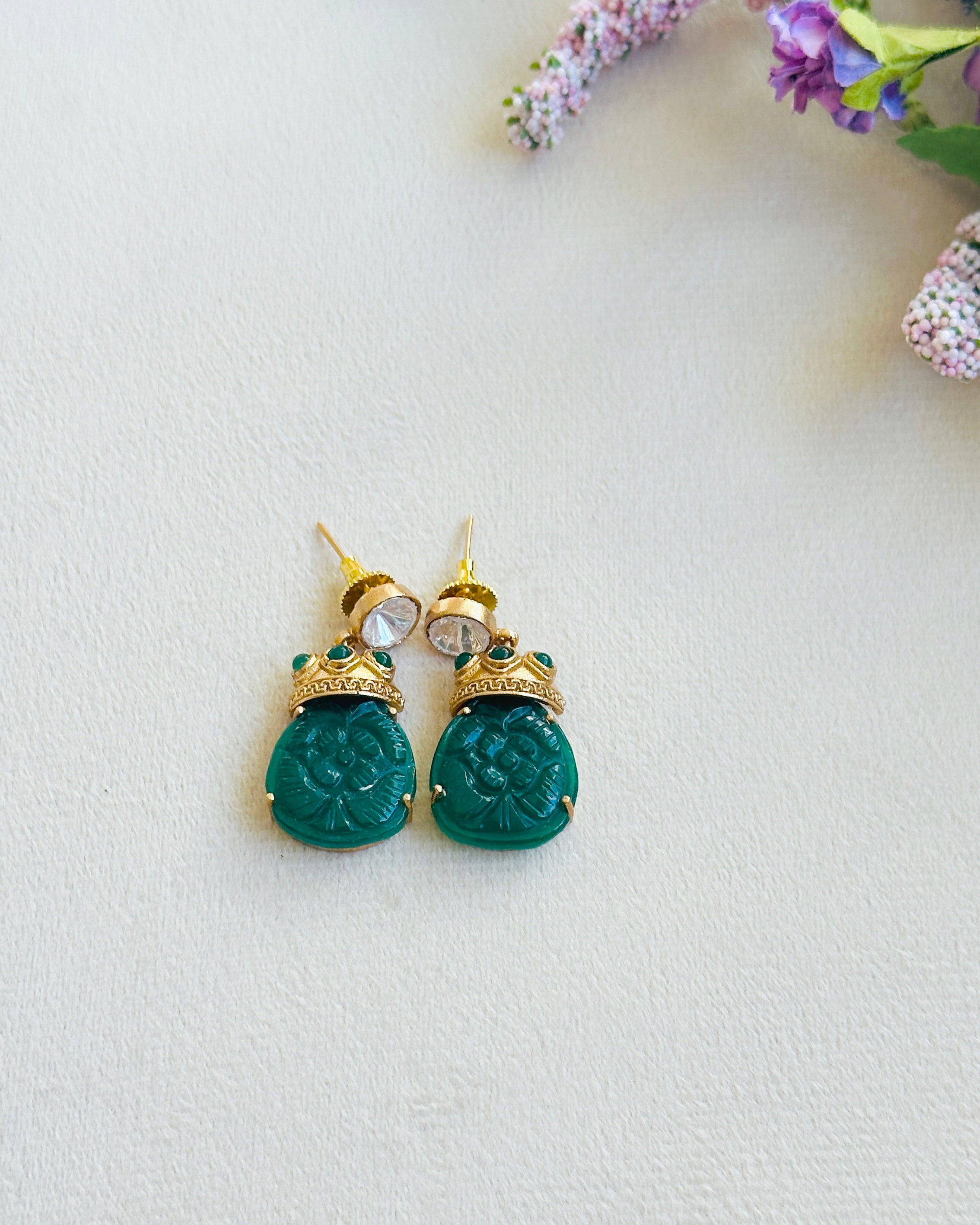 Nivisha Carved Stone Drop Earrings Green - The Pashm